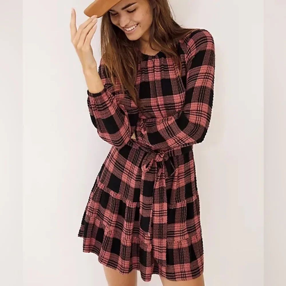 Anthropologie Cloth & Stone Black Mauve Plaid Ruffle Hem Mini Dress NEW
